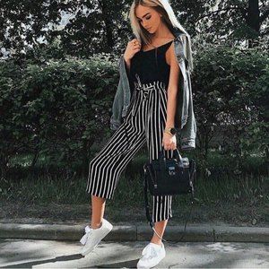 ZWOT Zara Culotte Wide Leg Pants in Black and White Stripe